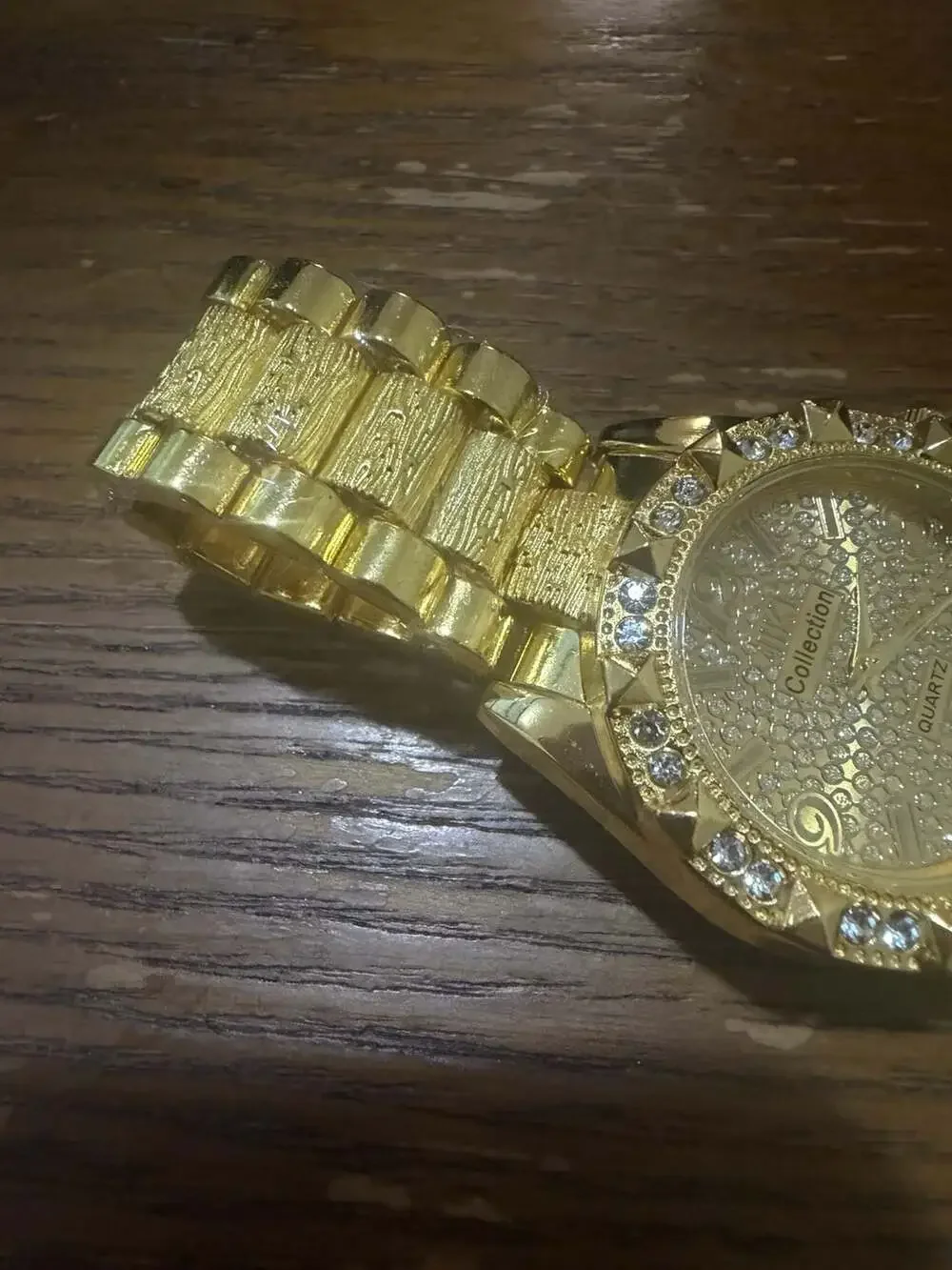 JINK Collection Gold Tone Nugget Watch with Rhinestone Bezel and Pave Dial